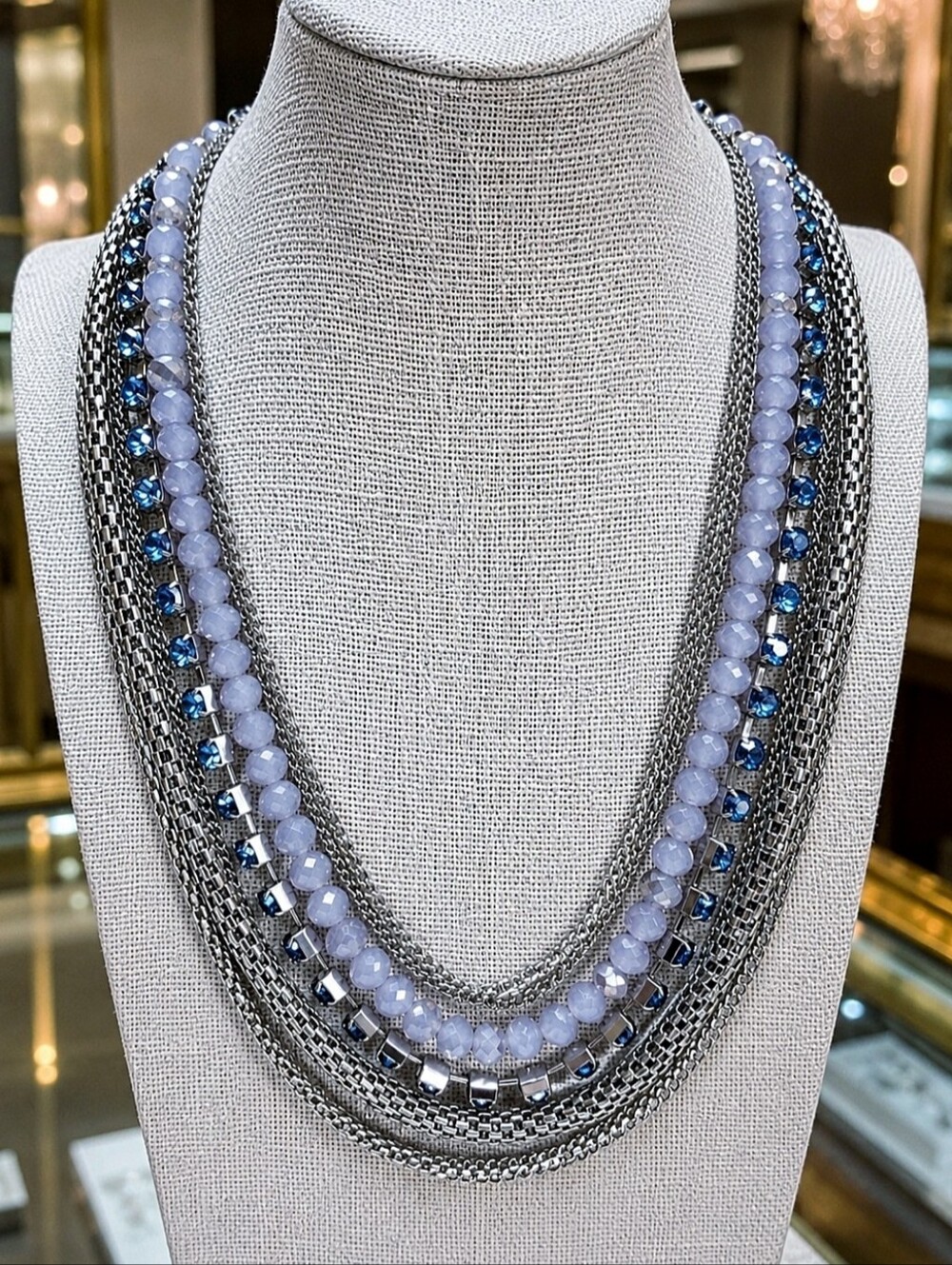 Vera Wang 5 Strand Chain Cobalt Blue Rhinestones Lavender Glass Beaded Necklace